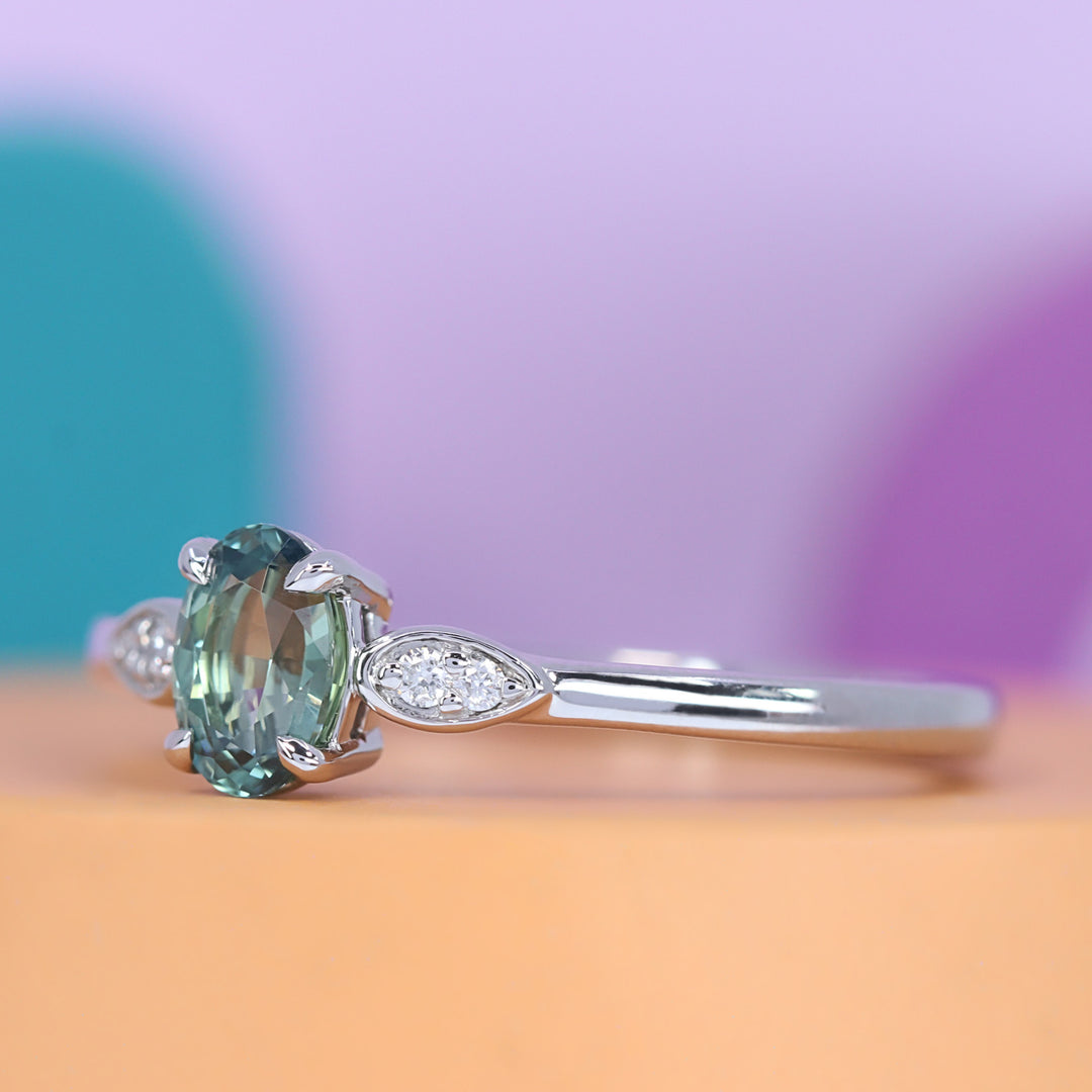 Rosa - Dainty Deco Collection - Oval Cut Teal Sapphire Engagement Ring with Bezel Detail - Made-to-Order