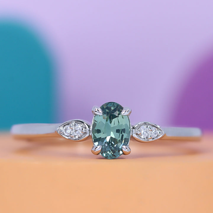 Rosa - Dainty Deco Collection - Oval Cut Teal Sapphire Engagement Ring with Bezel Detail - Made-to-Order