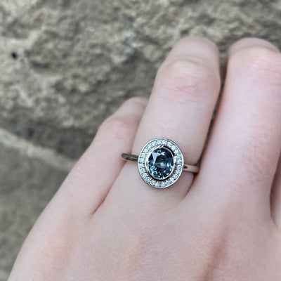 Florence - Oval Shaped Montana Sapphire with Diamond Halo Engagement Ring - Custom Made-to-Order Design