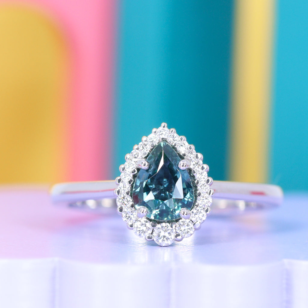 Aneesa - Teardrop/Pear Cut Teal Sapphire Engagement Ring with Graduated Diamond Halo - Made-to-Order