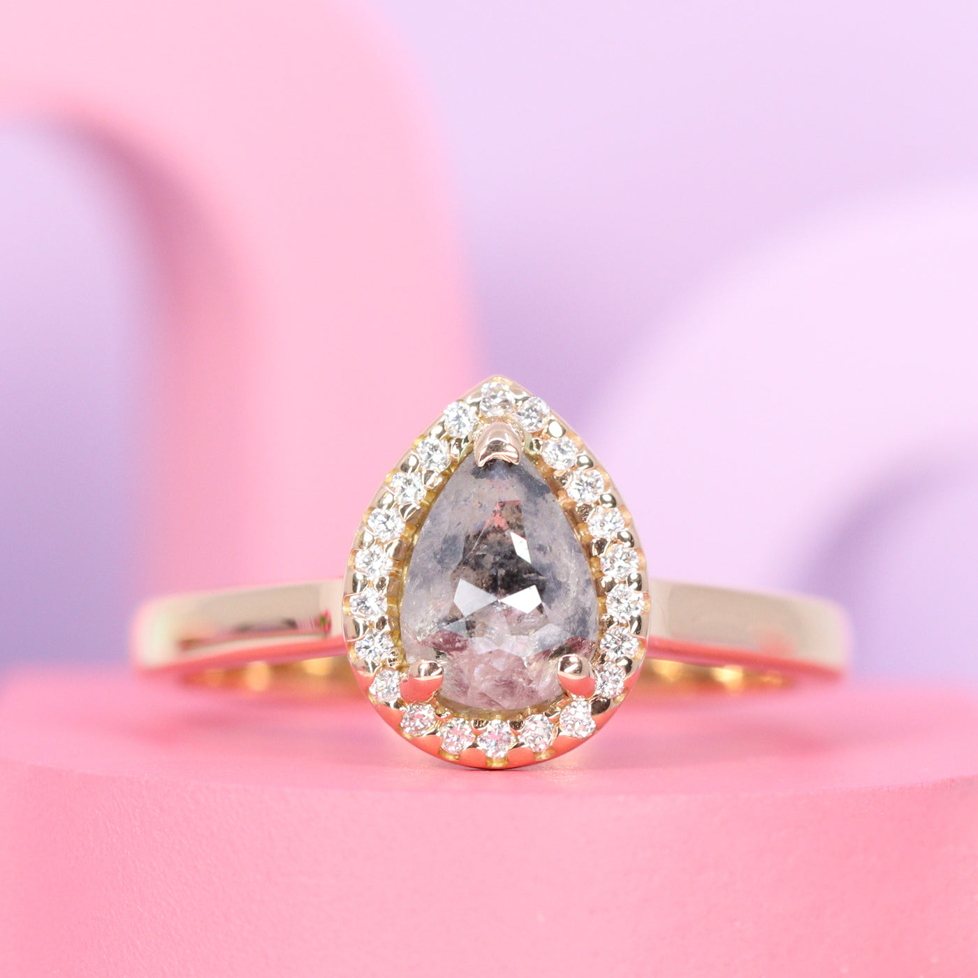 Winter & Jade - Bridal Set - Salt and Pepper Diamond Halo Engagement Ring and Diamond Set Tiara Wedding Ring - Made-to-Order