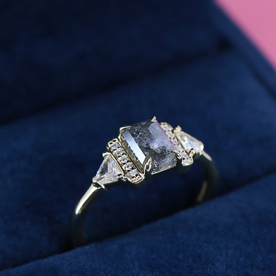Ophelia -  Emerald Cut Salt & Pepper Diamond Art Deco Engagement Ring - Custom Made-to-Order Design