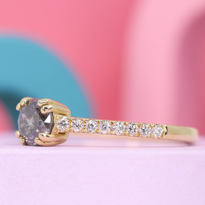 Rebecca & Ellis - Bridal Set - Salt And Pepper Diamond Ring with Diamond Set Shoulders and Diamond Set Wishbone Wedding Ring - Made-to-Order