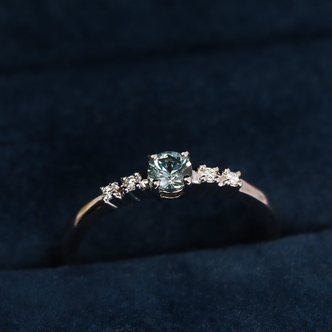 Lucie - Dainty Deco Collection - Round Brilliant Cut Teal Sapphire Engagement Ring with Diamond Set Shoulders - Made-to-Order