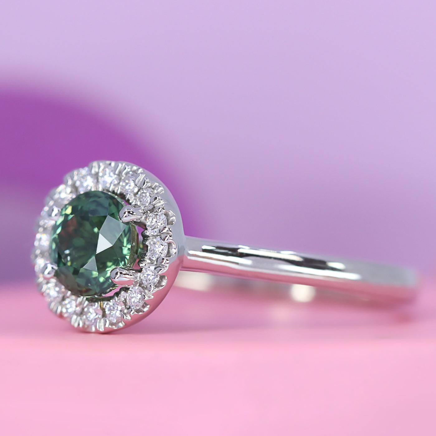 April - Round Teal Sapphire and Round Brilliant Cut Halo Engagement Ring - Custom Made-to-Order Design