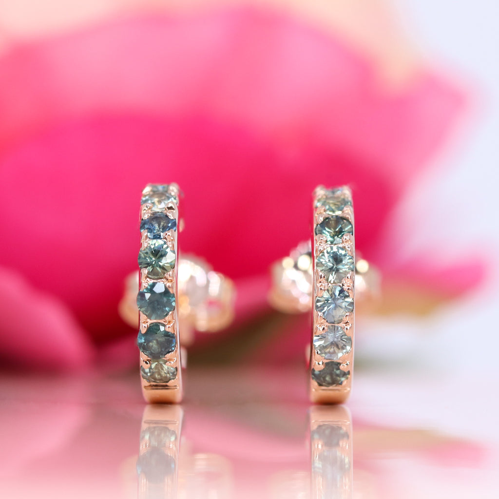 Aster - Mid Teal Sapphire Set Huggie Earrings in Rose Gold - Ready-to-Wear