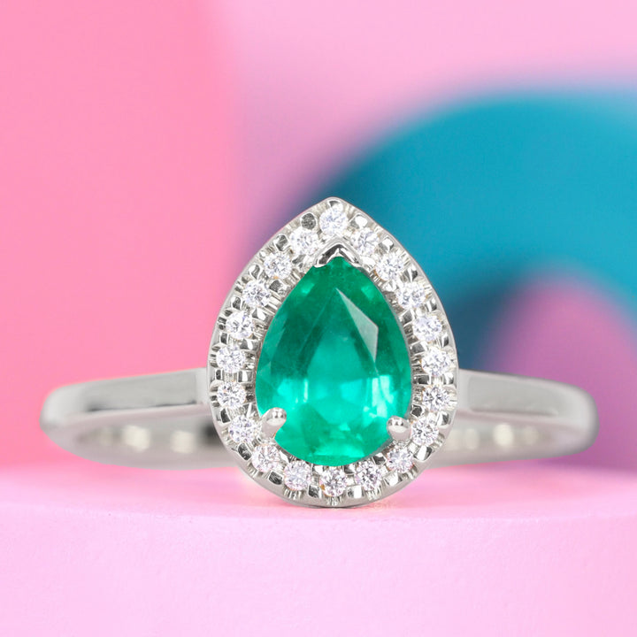 Winter - Teardrop/Pear Shaped Emerald and Diamond Halo Engagement Ring - Made-to-Order