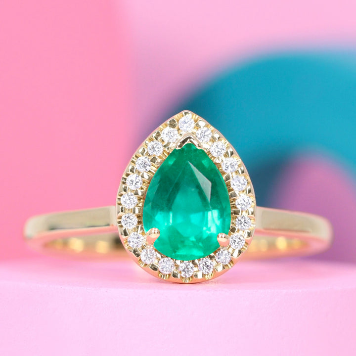 Winter - Teardrop/Pear Shaped Emerald and Diamond Halo Engagement Ring - Made-to-Order