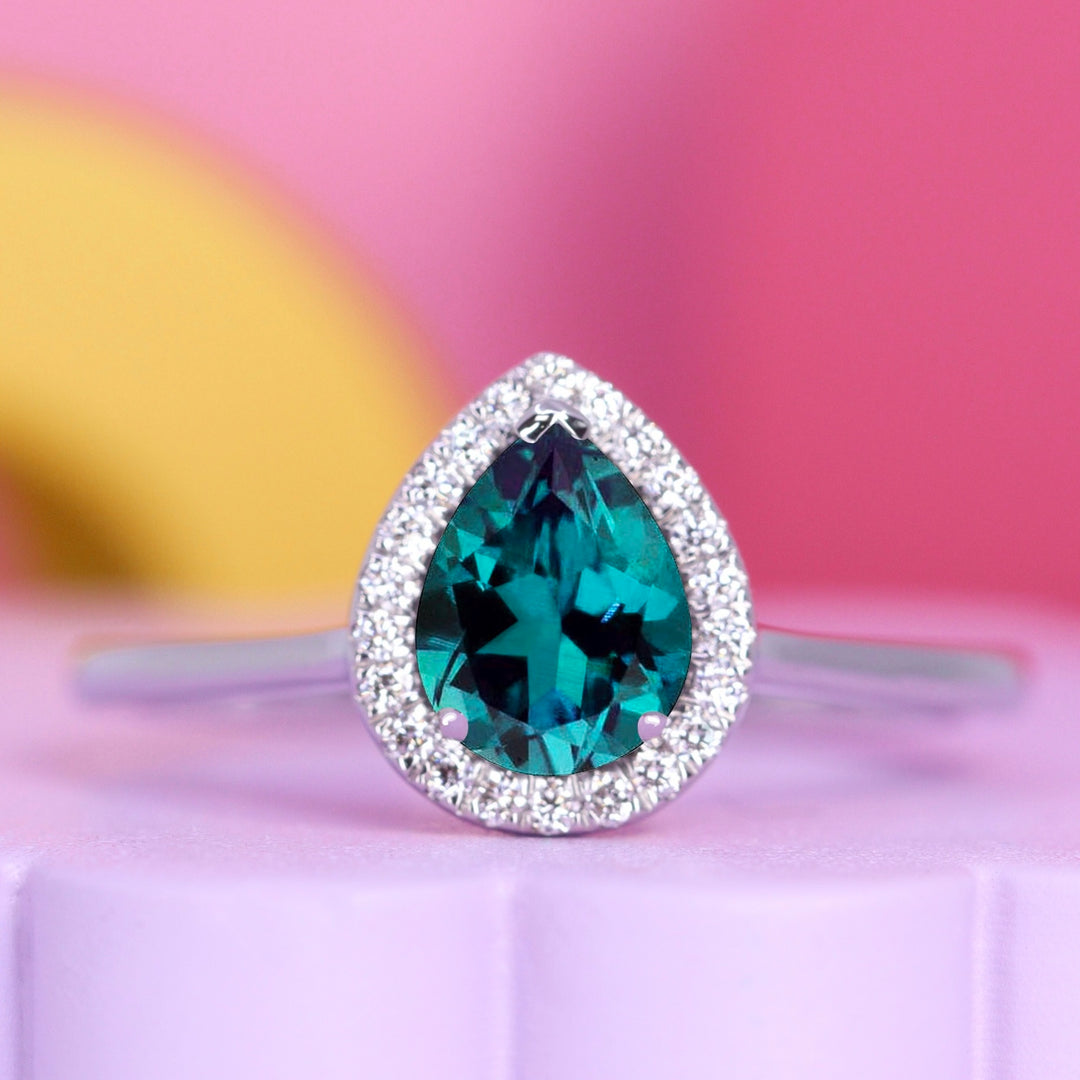 Winter - Teardrop/Pear Shaped Lab-Grown Alexandrite and Diamond Halo Engagement Ring - Made-to-Order
