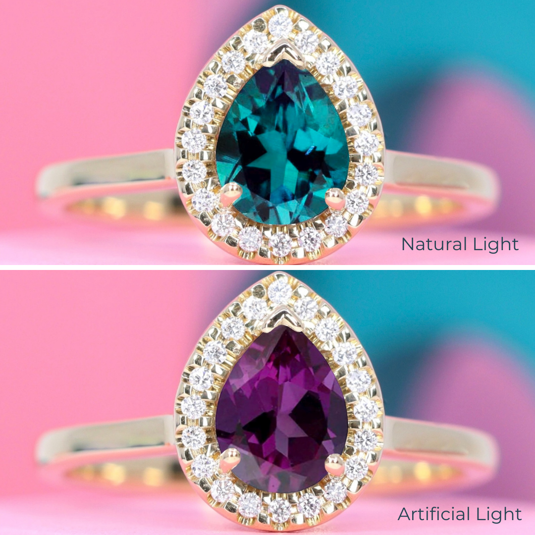 Winter - Teardrop/Pear Shaped Lab-Grown Alexandrite and Diamond Halo Engagement Ring - Made-to-Order