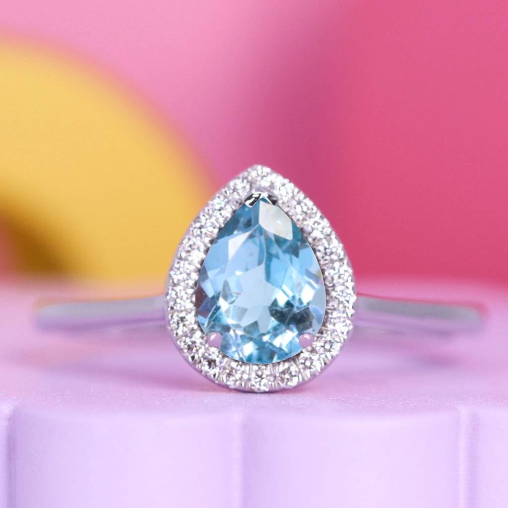 Winter - Teardrop/Pear Shaped Aquamarine and Diamond Halo Engagement Ring - Made-to-Order