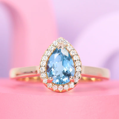 Winter - Teardrop/Pear Shaped Aquamarine and Diamond Halo Engagement Ring - Made-to-Order