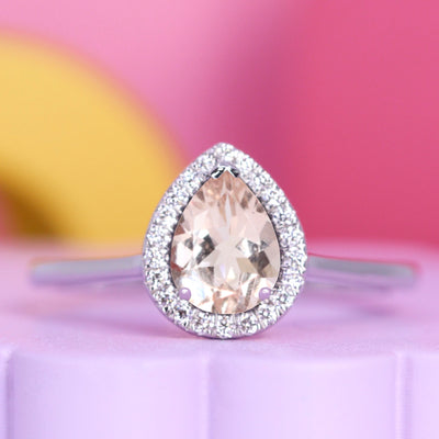 Winter - Teardrop/Pear Shaped Morganite and Diamond Halo Engagement Ring - Made-to-Order