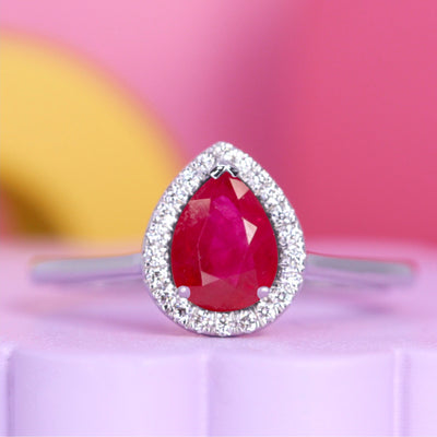 Winter - Teardrop/Pear Shaped Ruby and Diamond Halo Engagement Ring - Made-to-Order