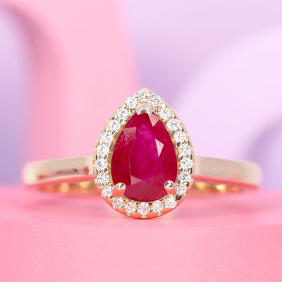 Winter - Teardrop/Pear Shaped Ruby and Diamond Halo Engagement Ring - Made-to-Order