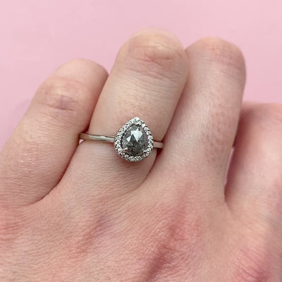 Winter - Teardrop/Pear Shaped Salt & Pepper Diamond Halo Ring in Platinum - Custom Made-to-Order Design