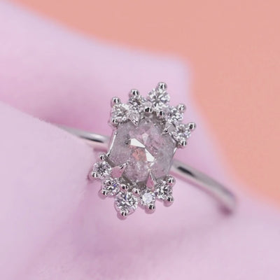 Ariana - Hexagon Cut Salt and Pepper Diamond Ring with Double Diamond Crown in Platinum - Ready-to-Wear