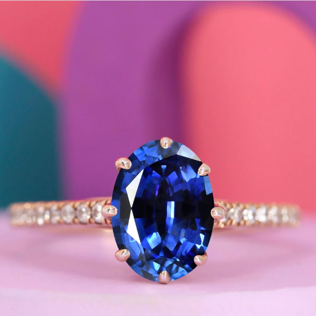 Carmen - Oval Blue Sapphire Solitaire Diamond Set Shoulders Engagement Ring - Made-to-Order