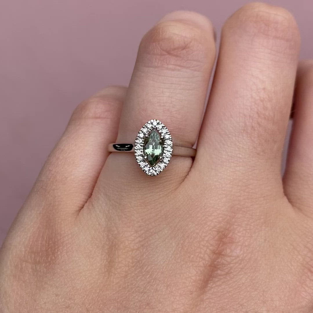 Robyn - Marquise Green Sapphire with White Diamond Halo Engagement Ring - Custom Made-to-Order Design