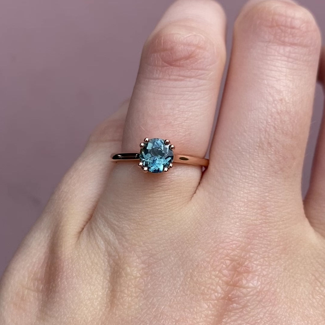 Sophia & Peggy or Clara - Bridal Set - Teal Sapphire Solitaire Ring with Waved or Wishbone Wedding Ring - Made-to-Order