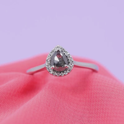Winter - Petite Teardrop/Pear Shaped Salt & Pepper Diamond Halo Ring - Custom Made-to-Order Design