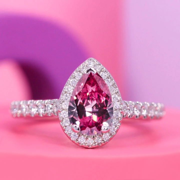 Margot - Teardrop/Pink Pear Cut Sapphire and Diamond Halo Ring with Diamond Set Shoulders - Custom Made-to-Order Design